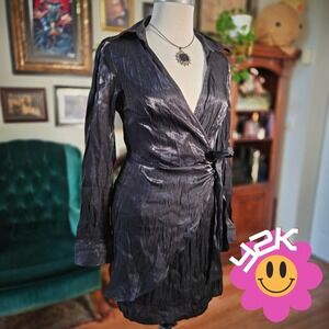 Heart & Heels Wrap Dress Black Metallic Mini Vintage Y2K Shiny Party Clubwear M